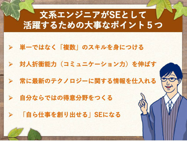 文系エンジニアがSEとして 活躍するための大事なポイント5つ 単一ではなく「複数」のスキルを身につける 対人折衝能力(コミュニケーション力)を伸ばす 常に最新のテクノロジーに関する情報を仕入れる 自分ならではの得意分野をつくる 「自ら仕事を創り出せる」SEになる