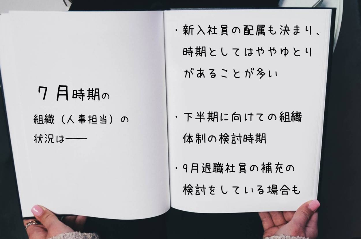 1月時期の組織(人事担当)の状況は── ・再来年度の新卒採用にむけての繁忙期 ・新年度に向けての組織体制変更の準備 ・年末に退職したスタッフに向けての事後対応、人員補充 …等