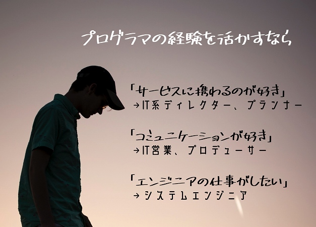 プログラマの経験を活かすなら。「サービスに携わるのが好き」→IT系ディレクター、プランナー「コミュニケーションが好き」→IT営業、プロデューサー「エンジニアの仕事がしたい」→システムエンジニア