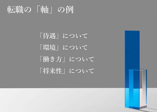 転職の「軸」の例「待遇」について「環境」について「働き方」について「将来性」について