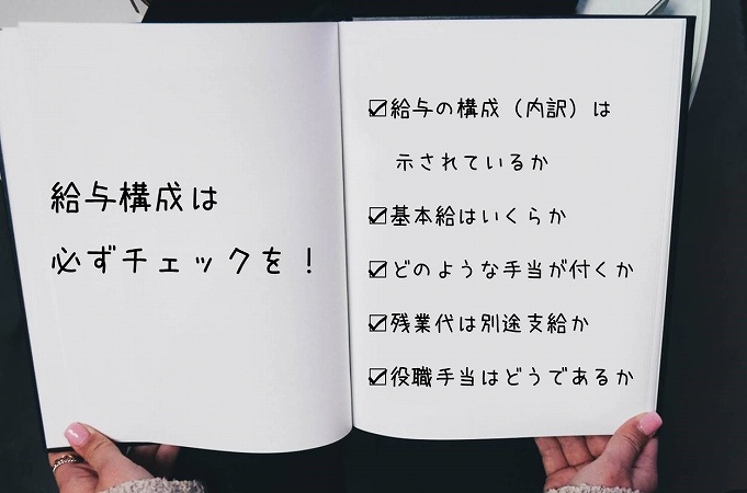 給与構成は必ずチェックを!・給与の構成(内訳)は示されているか・基本給はいくらか・どのような手当てが付くか・残業代は別途支給か・役職手当はどうであるか