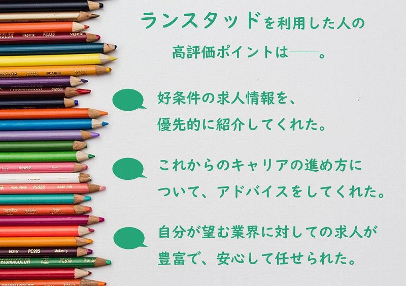 ランスタッドを利用した人の高評価ポイントは──。 ●好条件の求人情報を優先的に紹介してくれた。 ●これからのキャリアの進め方について、アドバイスをしてくれた。 ●自分が望む業界に対しての求人が豊富で、安心して任せられた。