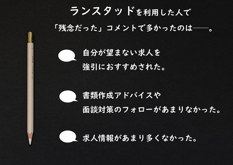 ランスタッドを利用した人で「残念だった」コメントで多かったのは──。 ●自分が望まない求人を強引におすすめされた。 ●書類作成アドバイスや面談対策のフォローがあまりなかった。 ●求人情報があまり多くなかった。