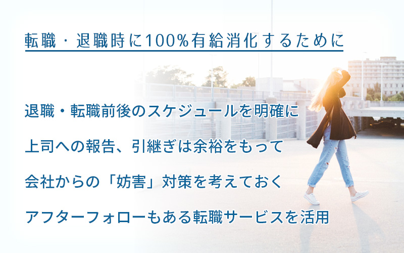 転職・退職時に100%有給消化するために。退職・転職前後のスケジュールを明確に上司への報告・引継ぎは余裕を持って会社からの「妨害」対策を考えておくアフターフォローもある転職サービスを活用