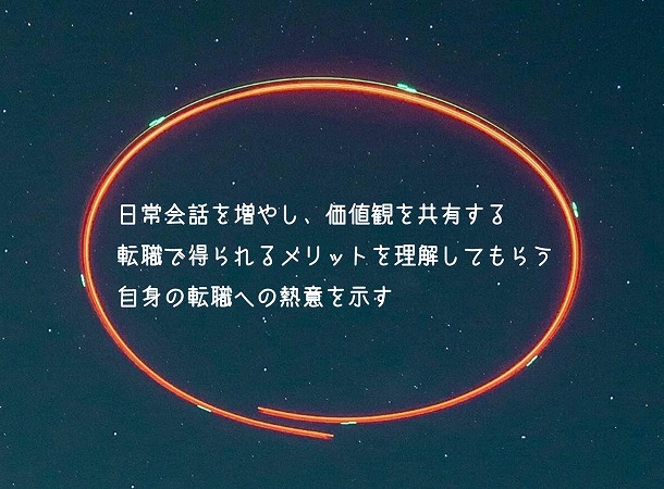 日常会話を増やし、価値観を共有する転職で得られるメリットを理解してもらう自身の転職への熱意を示す