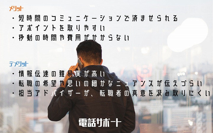 電話サポートメリット・短時間のコミュニケーションで済ませられる・アポイントを取りやすい・移動の時間や費用がかからないデメリット・情報伝達の難易度が高い・転職の希望や思いの細かなニュアンスが伝えづらい・担当アドバイザーが、転職者の真意を汲み取りにくい