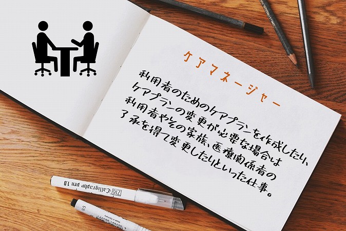 ケアマネージャー利用者のためのケアプランを作成したり、ケアプランの変更が必要な場合は利用者やその家族、医療関係者の了承を得て変更したりといった仕事。