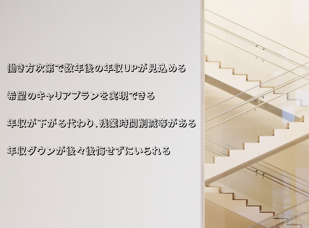 働き方次第で数年後の年収UPが見込める
希望のキャリアプランを実現できる
年収が下がる代わり、残業時間削減等がある
年収ダウンが後々後悔せずにいられる