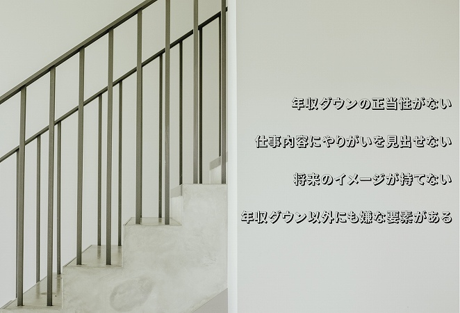 年収ダウンの正当性がない
仕事内容にやりがいを見出せない
将来のイメージが持てない
年収ダウン以外にも嫌な要素がある