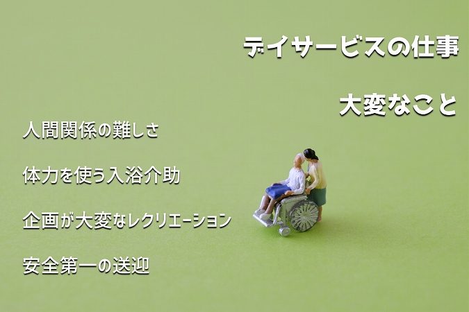 デイサービスの仕事
大変なこと人間関係の難しさ
体力を使う入浴介助
企画が大変なレクリエーション
安全第一の送迎