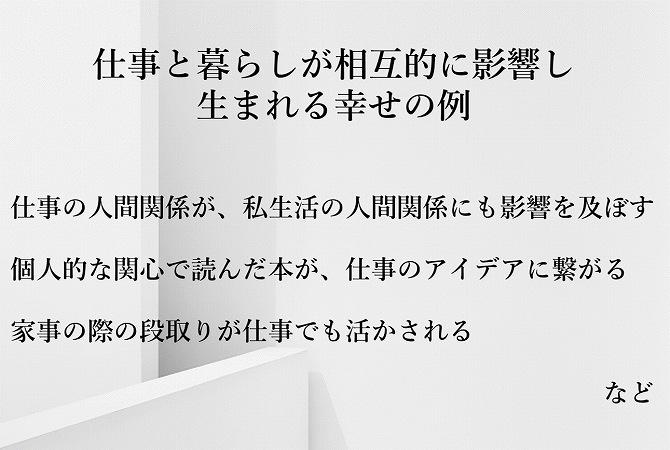 ●仕事と暮らしが相互的に影響し生まれる幸せの例仕事の人間関係が、私生活の人間関係にも影響を及ぼす ●個人的な関心で読んだ本が、仕事のアイデアに繋がる ●家事の際の段取りが仕事でも活かされる …など