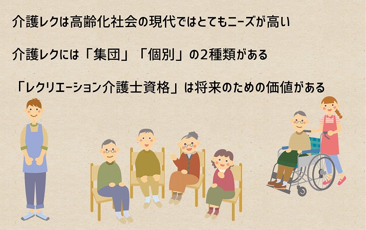 介護レクリエーションまとめ ■介護レクは高齢化社会の現代ではとてもニーズが高い ■介護レクには「集団」「個別」の2種類がある ■「レクリエーション介護士資格」は将来のための価値がある