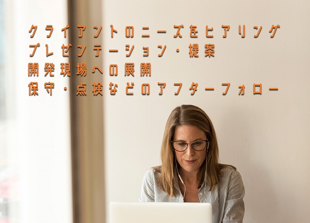 クライアントのニーズをヒアリングプレゼンテーション・提案開発現場への展開保守・点検などのアフターフォロー