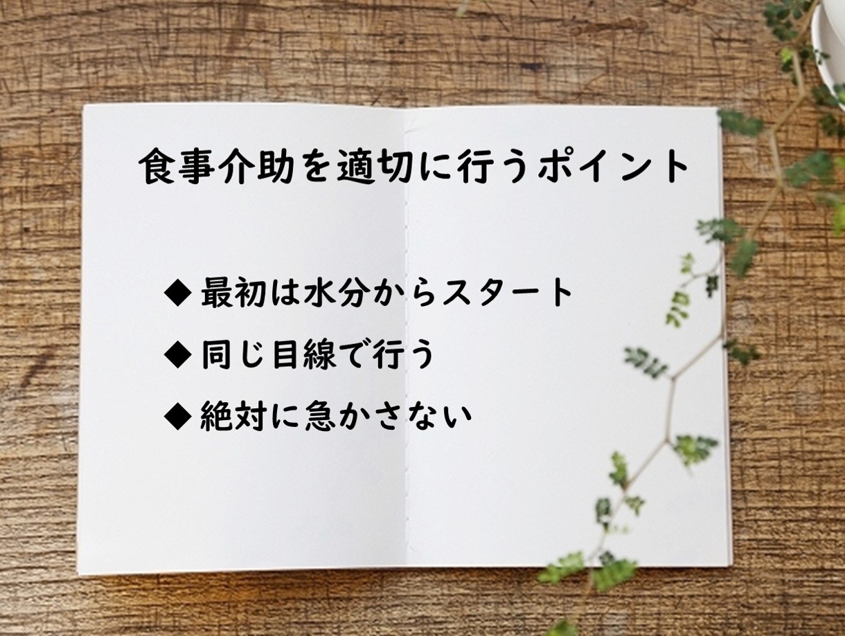 食事介助を適切に行うポイント
最初は水分からスタート
同じ目線で行う
絶対に急かさない