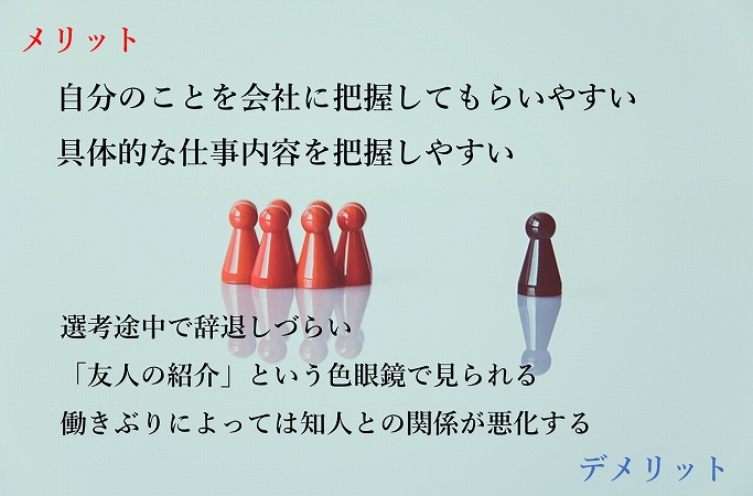 メリット自分のことを会社に把握してもらいやすい具体的な仕事内容を把握しやすいデメリット選考途中で辞退しづらい「友人の紹介」という色眼鏡で見られる働きぶりによっては知人との関係が悪化する