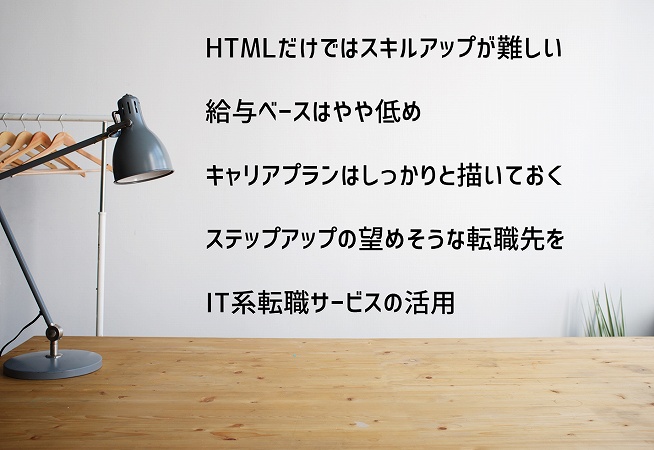 HTMLだけではスキルアップが難しい給与ベースはやや低めキャリアプランはしっかりと描いておくステップアップの望めそうな転職先をIT系転職サービスの活用