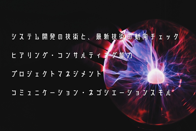 システム開発の技術と、最新技術の動向チェックヒアリング・コンサルティング能力プロジェクトマネジメントコミュニケーション・ネゴシエーションスキル