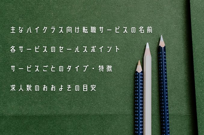 主なハイクラス向け転職サービスの名前各サービスのセールスポイントサービスごとのタイプ・特徴求人数のおおよその目安