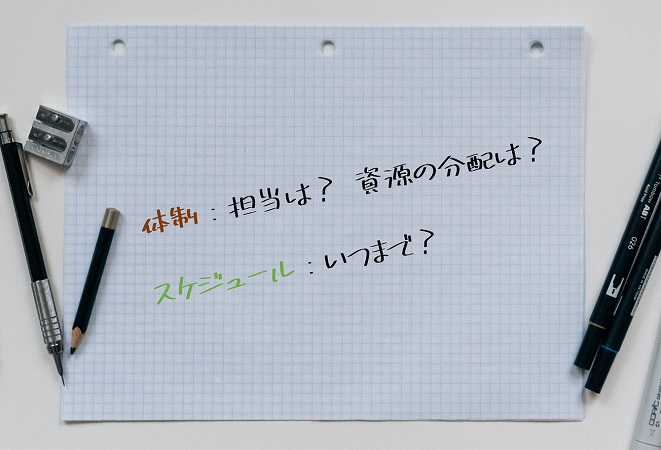 体制:担当は? 資源の分配は?スケジュール:いつまで?