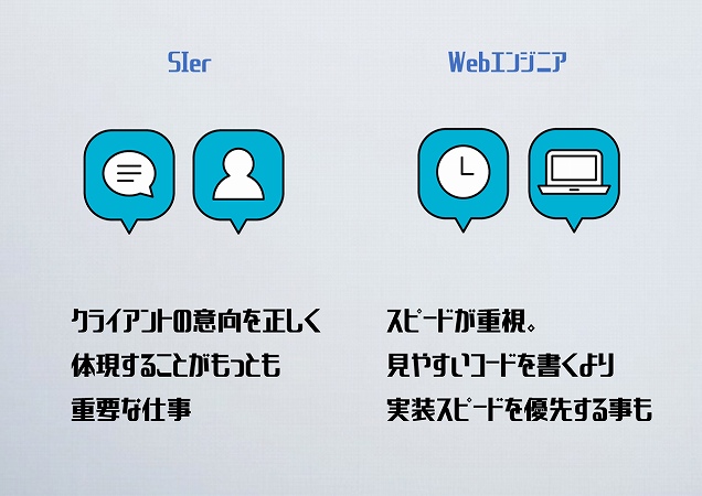 SIerクライアントの意向を正しく体現することがもっとも重要な仕事。Webエンジニアスピードが重視。見やすいコードを書くより実装スピードを優先する事も。