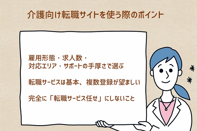 介護職向け転職サイトを使う際のポイント ●雇用形態・求人数・対応エリア・サポートの手厚さで選ぶ ●転職エージェントは基本、複数登録が望ましい ●完全に「転職エージェント任せ」にしないこと