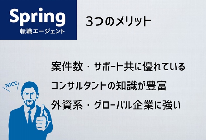 Spring転職エージェント3つのメリット。案件数・サポート共に優れているコンサルタントの知識が豊富外資系・グローバル企業に強い