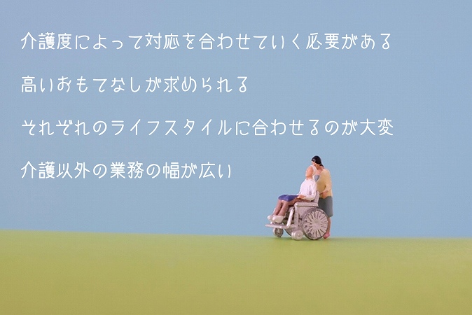 サービス付き高齢者向け住宅の大変な点 ●介護度によって対応を合わせていく必要がある ●高いおもてなしが求められる ●それぞれのライフスタイルに合わせるのが大変 ●介護以外の業務の幅が広い