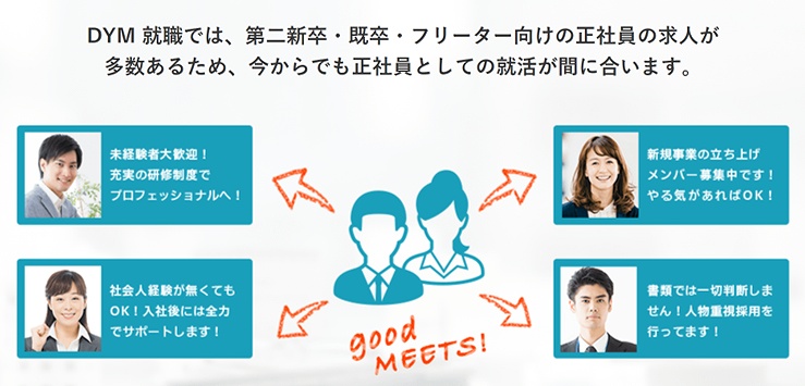DYM就職では、第二新卒・既卒・フリーター向けの正社員の求人が多数あるため、今からでも正社員としての就活が間に合います。