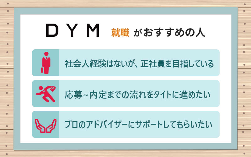 DYM就職こんな方におすすめ。社会人経験はないが、正社員を目指している応募~内定までの流れをタイトに進めたいプロのアドバイザーにサポートしてもらいたい