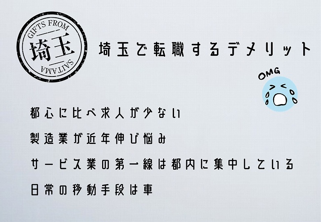 埼玉で転職するデメリット。都心に比べ求人が少ない製造業が近年伸び悩みサービス業の第一線は都内に集中している日常の移動手段は車