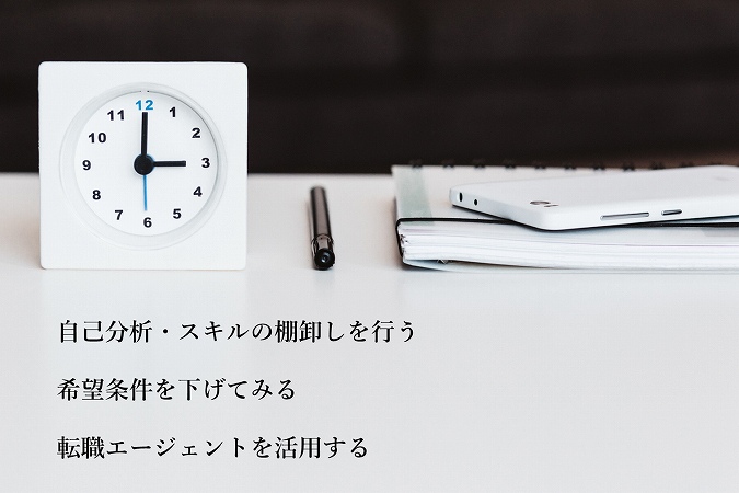 自己分析・スキルの棚卸しを行う希望条件を下げてみる転職エージェントを活用する