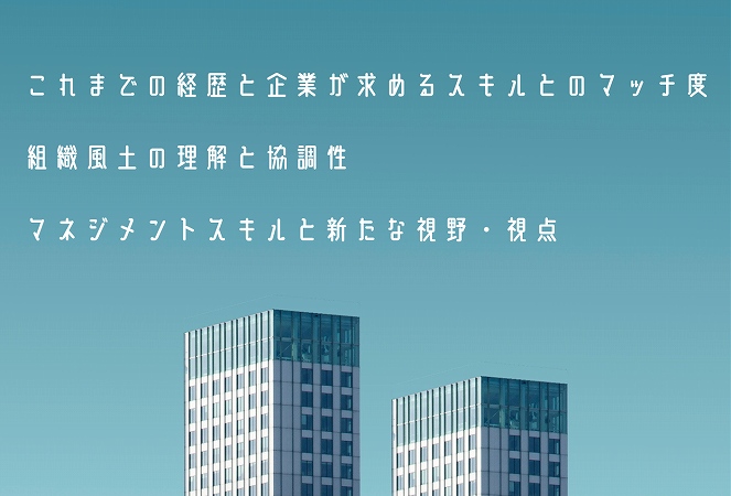 これまでの経歴と企業が求めるスキルとのマッチ度組織風土の理解と協調性マネジメントスキルと新たな視野・視点