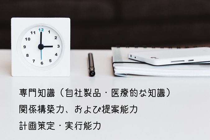 専門知識(自社製品・医療的な知識)関係構築力、および提案能力計画策定・実行能力