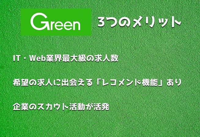 Green3つのメリット。IT・Web業界最大級の求人数希望の求人に出会える「レコメンド機能」あり企業のスカウト活動が活発