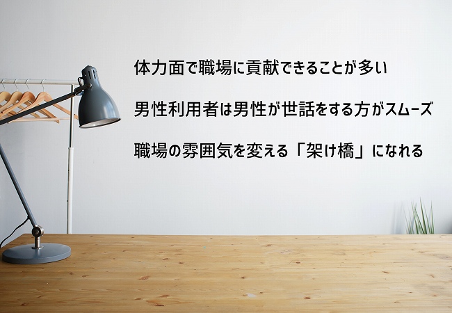 体力面で職場に貢献できることが多い男性利用者は男性が世話をする方がスムーズ職場の雰囲気を変える「架け橋」になれる