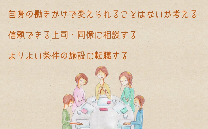 「職場の同僚や入居者との人間関係」で辞めたいと思った時の対策 ●自身の働きかけで変えられることはないか考える ●信頼できる上司・同僚に相談する ●よりよい条件の施設に転職する