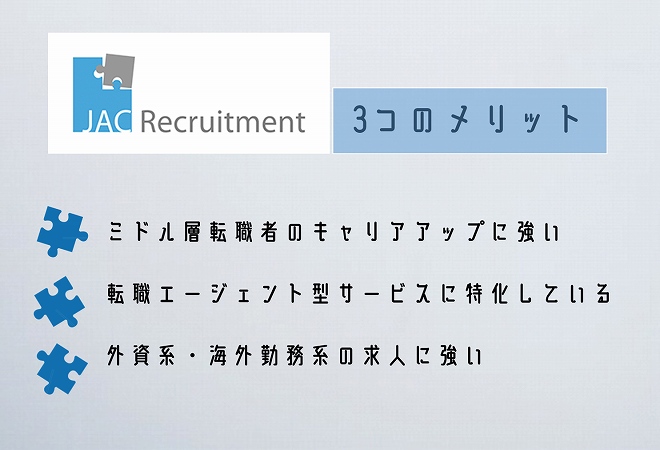 JACリクルートメント3つのメリット。ミドル層転職者のキャリアアップに強い転職エージェント型サービスに特化している外資系・海外勤務系の求人に強い