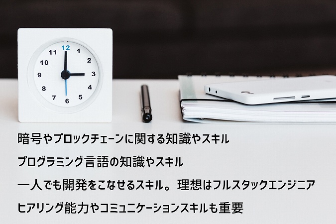 暗号やブロックチェーンに関する知識やスキルプログラミング言語の知識やスキル一人でも開発をこなせるスキル。理想はフルスタックエンジニアヒアリング能力やコミュニケーションスキルも重要