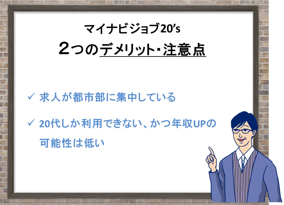 マイナビジョブ20’s2つのデメリット・注意点。求人が都市部に集まっている。20代しか利用できない、かつ年収UPの可能性は低い