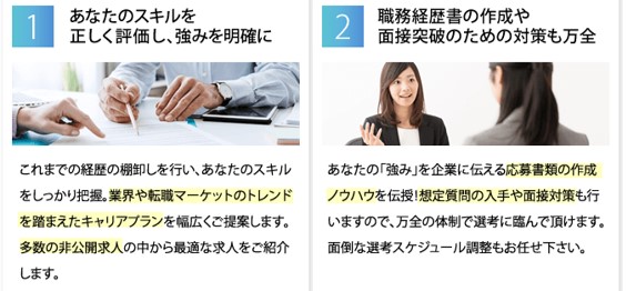 1. あなたのスキルを正しく評価し、強みを明確に 2. 職務経歴書の作成や面接突破のための対策も万全