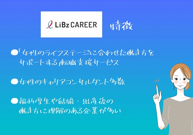「リブズキャリア」の特徴●「女性のライフステージに合わせた働き方をサポートする」転職支援サービス●女性のキャリアコンサルタント多数●福利厚生や結婚・出産後の働き方に理解のある企業が多い