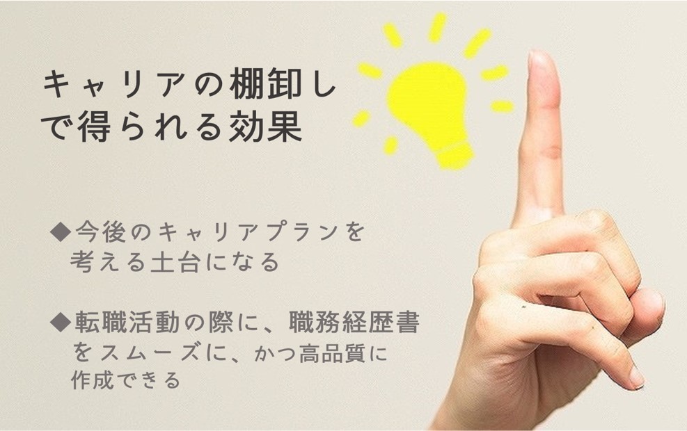 キャリアの棚卸しで得られる効果。今後のキャリアプランを考える土台になる。転職活動の際に、職務経歴書をスムーズに、かつ高品質に作成できる。