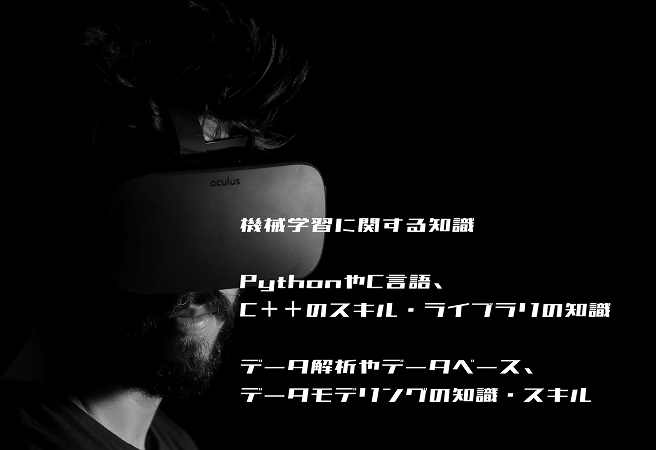 機械学習に関する知識PythonやC言語、C++のスキル・ライブラリの知識データ解析やデータベース、データモデリングの知識・スキル