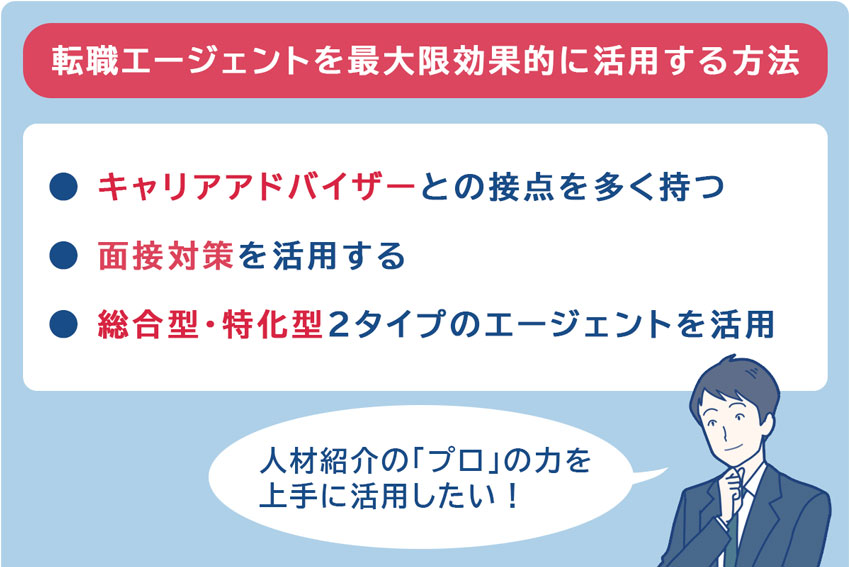 転職エージェントを最大限効果的に活用する方法 □ キャリアアドバイザーとの接点を多く持つ □ 面接対策を活用する □ 総合型・特化型2タイプのエージェントを活用人材紹介の「プロ」の力を上手に活用していきたいですね