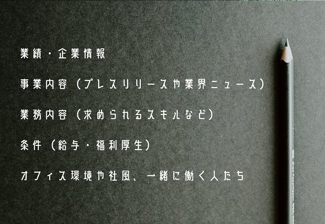 業績・企業情報事業内容(プレスリリースや業界ニュース)業務内容(求められるスキルなど)条件(給与・福利厚生)オフィス環境や社風、一緒に働く人たち