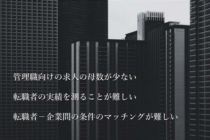 管理職向けの求人の母数が少ない転職者の実績を測ることが難しい転職者-企業間の条件のマッチングが難しい