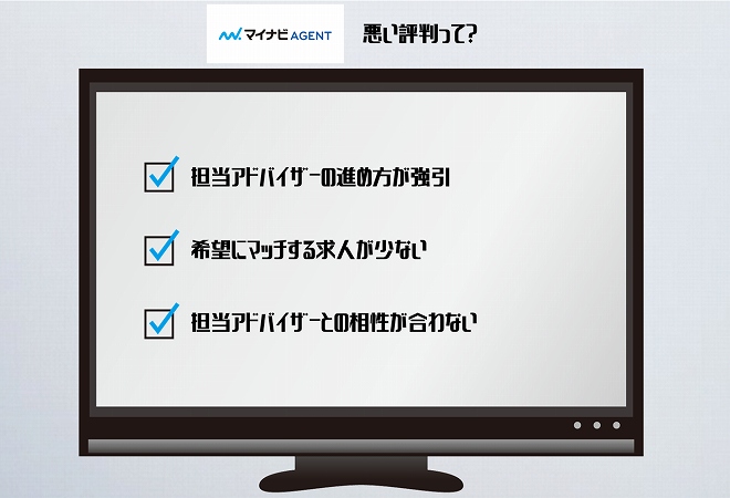 マイナビエージェントの悪い評判って?担当アドバイザーの進め方が強引
希望にマッチする求人が少ない担当アドバイザーとの相性が合わない