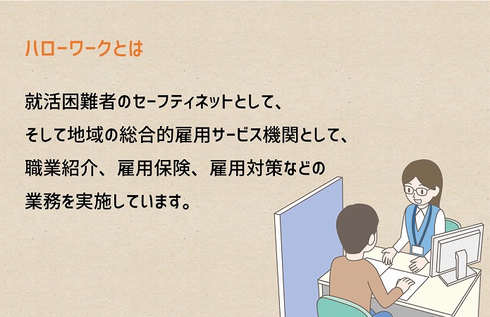 ハローワークとは。就活困難者のセーフティネットとして、そして地域の総合的雇用サービス機関として、職業紹介、雇用保険、雇用対策などの業務を実施しています。