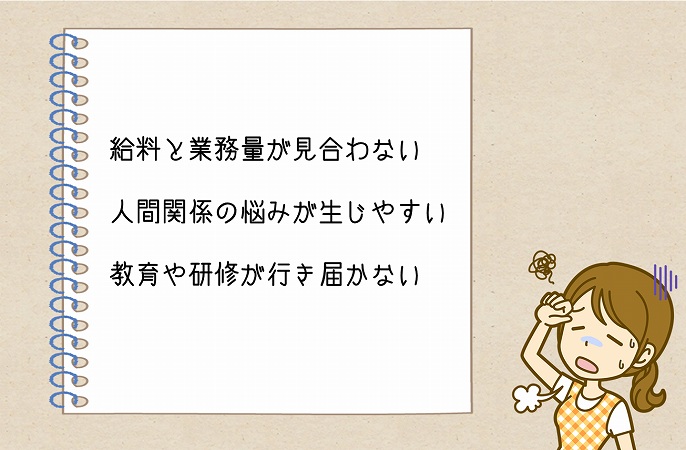 給料と業務量が見合わない人間関係の悩みが生じやすい教育や研修が行き届かない