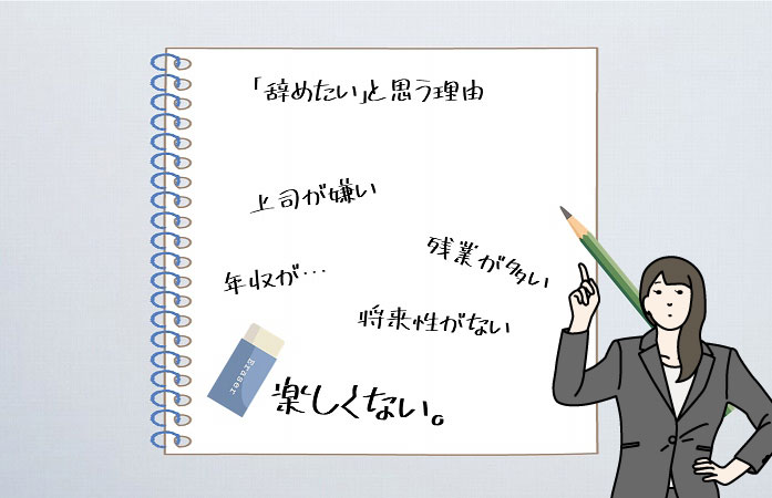 「辞めたい」と思う理由。上司が嫌い。年収が…。残業が多い。将来性がない。楽しくない。